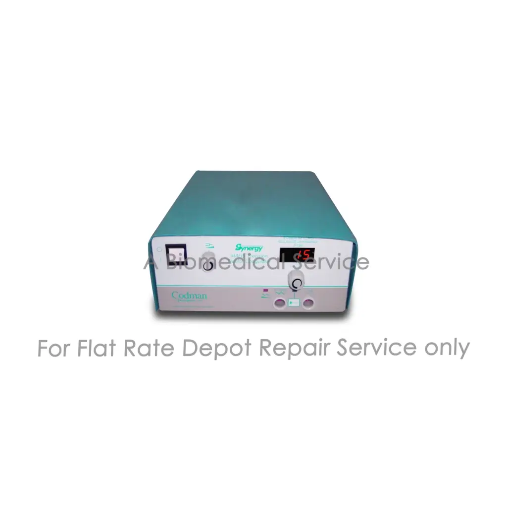 Teal and white codman malis synergy electrosurgical unit with digital display showing 15 for medical equipment repair service