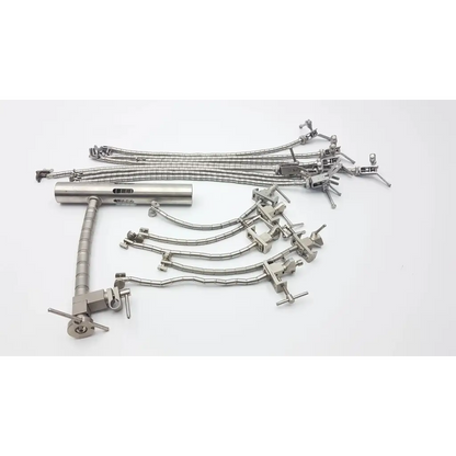 Set of metallic surgical instruments with articulated arms and clamps including aesculap ff270r yasargil codman retractor hand rest