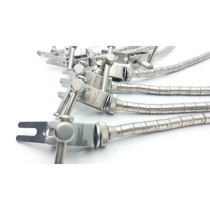 Silver surgical codman retractor hand rest with segmented flexible metal shaft and adjustable clamp aesculap ff270r yasargil