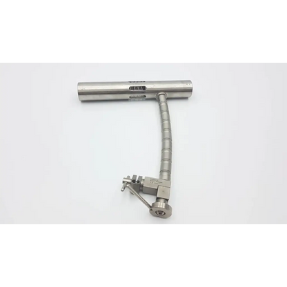 Silver metallic codman retractor hand rest with cylindrical handle flexible arm and aesculap ff270r yasargil clamp mechanism