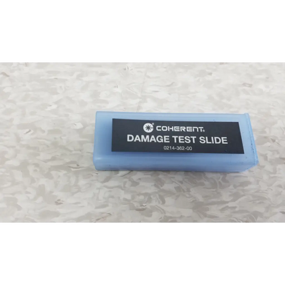 Light blue rectangular plastic damage test slide with black label for coherent labmaster plus laser power meter