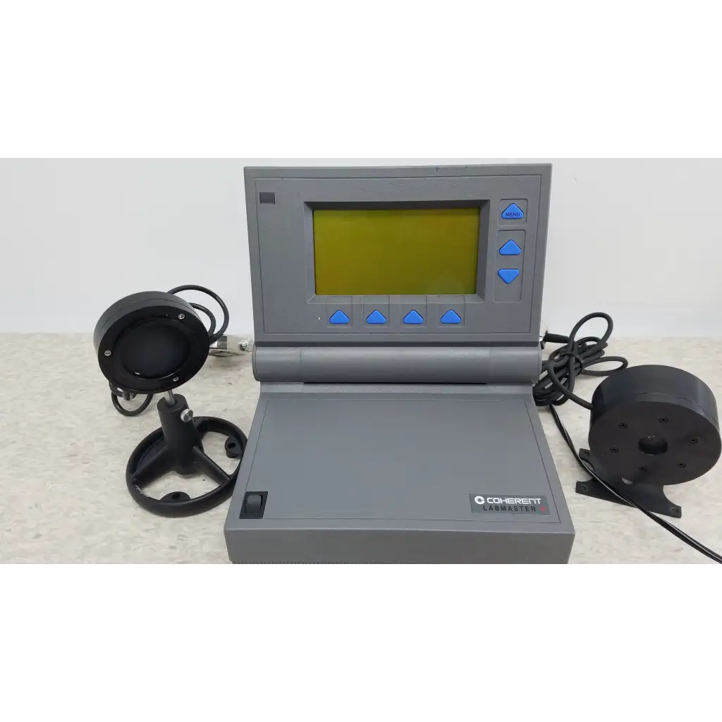 Gray coherent labmaster+ laser power meter with yellow screen and blue buttons for precise laser power measurement