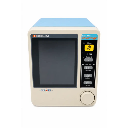 Beige and light blue colin press-mate advantage blood pressure monitor with touchscreen display and rotary dial for repair service