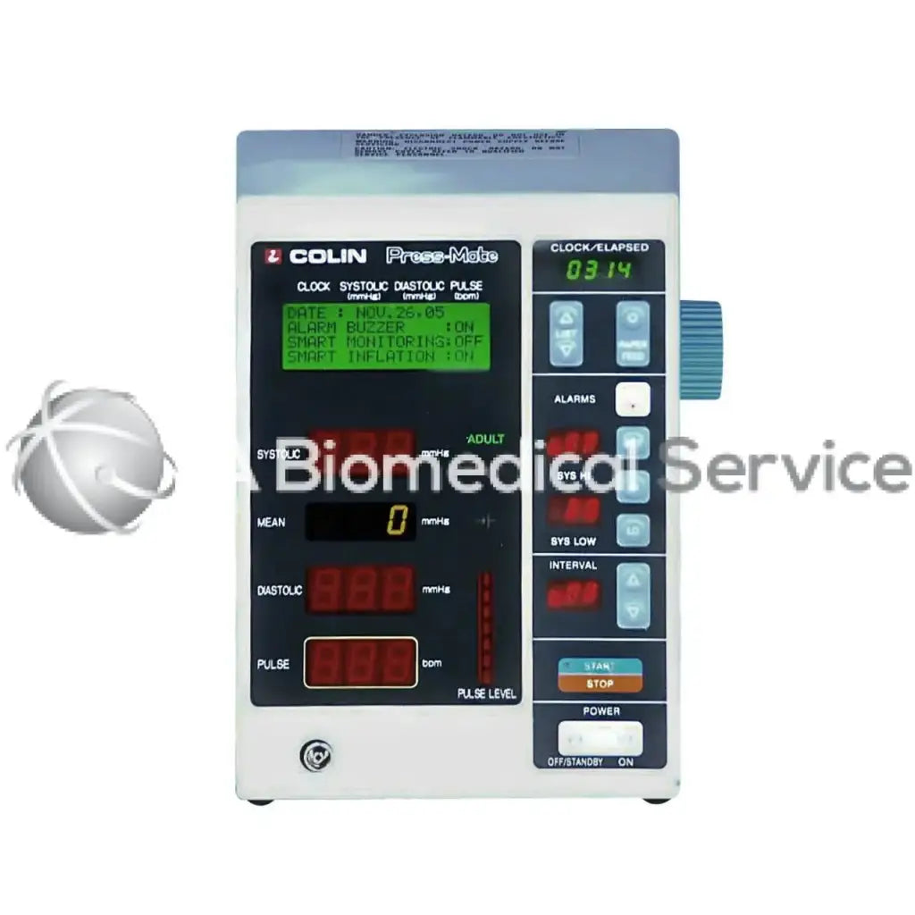 White and gray colin press mate bp 8800p nibp blood pressure monitor with digital display buttons and blue control knob
