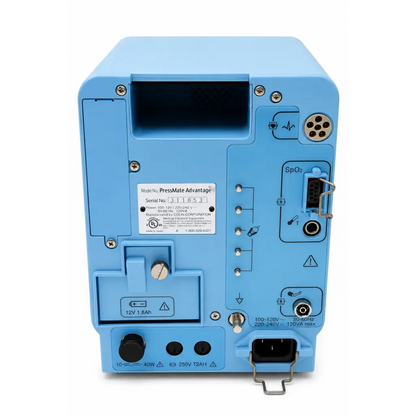 Light blue plastic biomed certified colin pressmate advantage patient monitor with multiple ports and control knobs