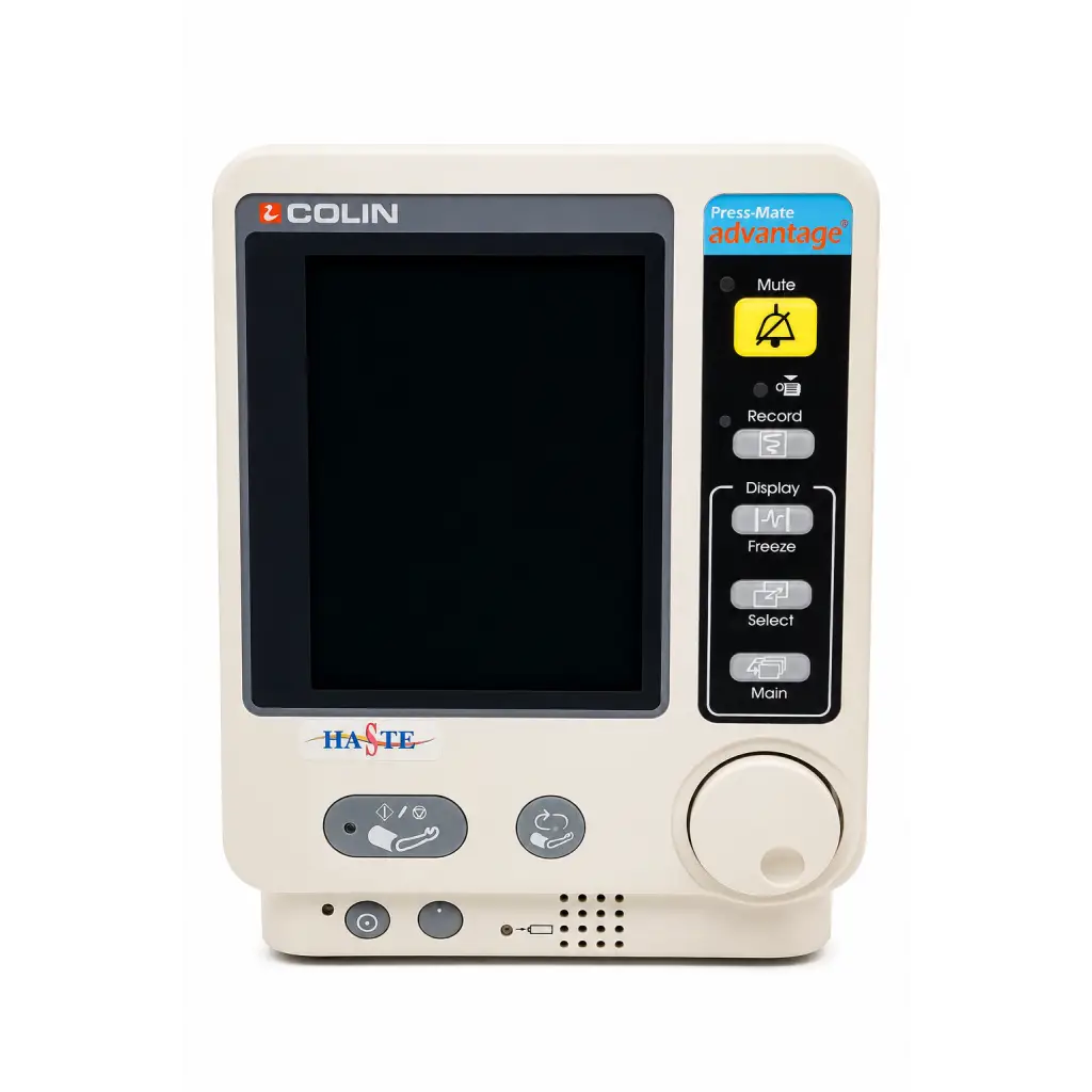 Cream-colored colin pressmate advantage medical monitor with black screen gray buttons and circular dial biomed certified