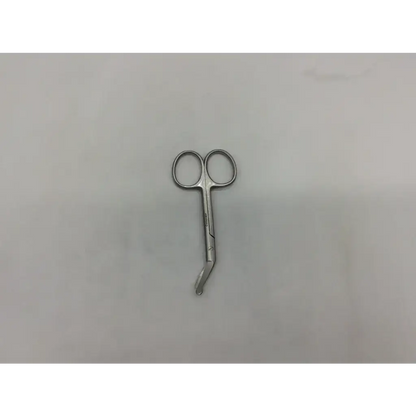 Silver coloplast 95050 curved osomy scissor with angled blades and circular finger loops surgical instrument