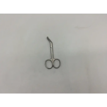 Silver curved osomy scissor with angled blades and rounded finger loops by coloplast 95050 surgical tool