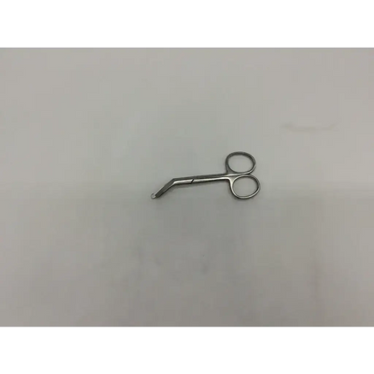 Silver curved osomy scissor by coloplast 95050 with rounded handles and slightly curved pointed tip surgical tool
