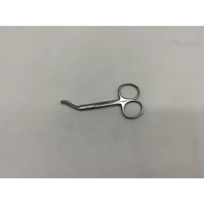 Silver stainless steel coloplast 95050 curved osomy scissor with rounded handles and angled tip