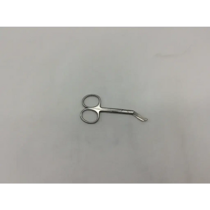 Silver curved osomy scissor by coloplast 95050 with rounded handles and slightly curved pointed tip stainless steel surgical tool