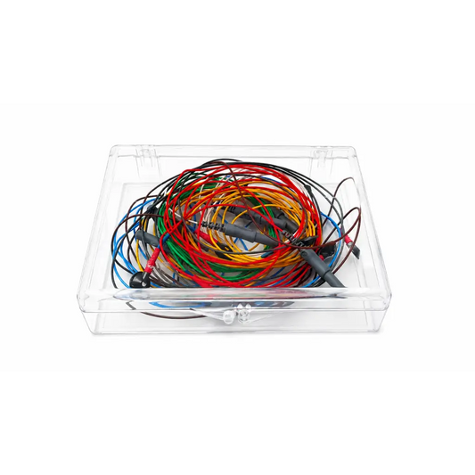 A color-coded lead wire set with black red blue green yellow and orange insulated wires in a clear plastic case
