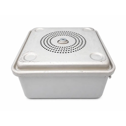 Silver metallic sterilization container with hinged lid and removable perforated basket featuring circular perforations