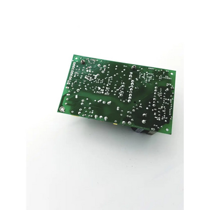 Green rectangular circuit board with silver components and black markings in condor power supply gpc80p rev d