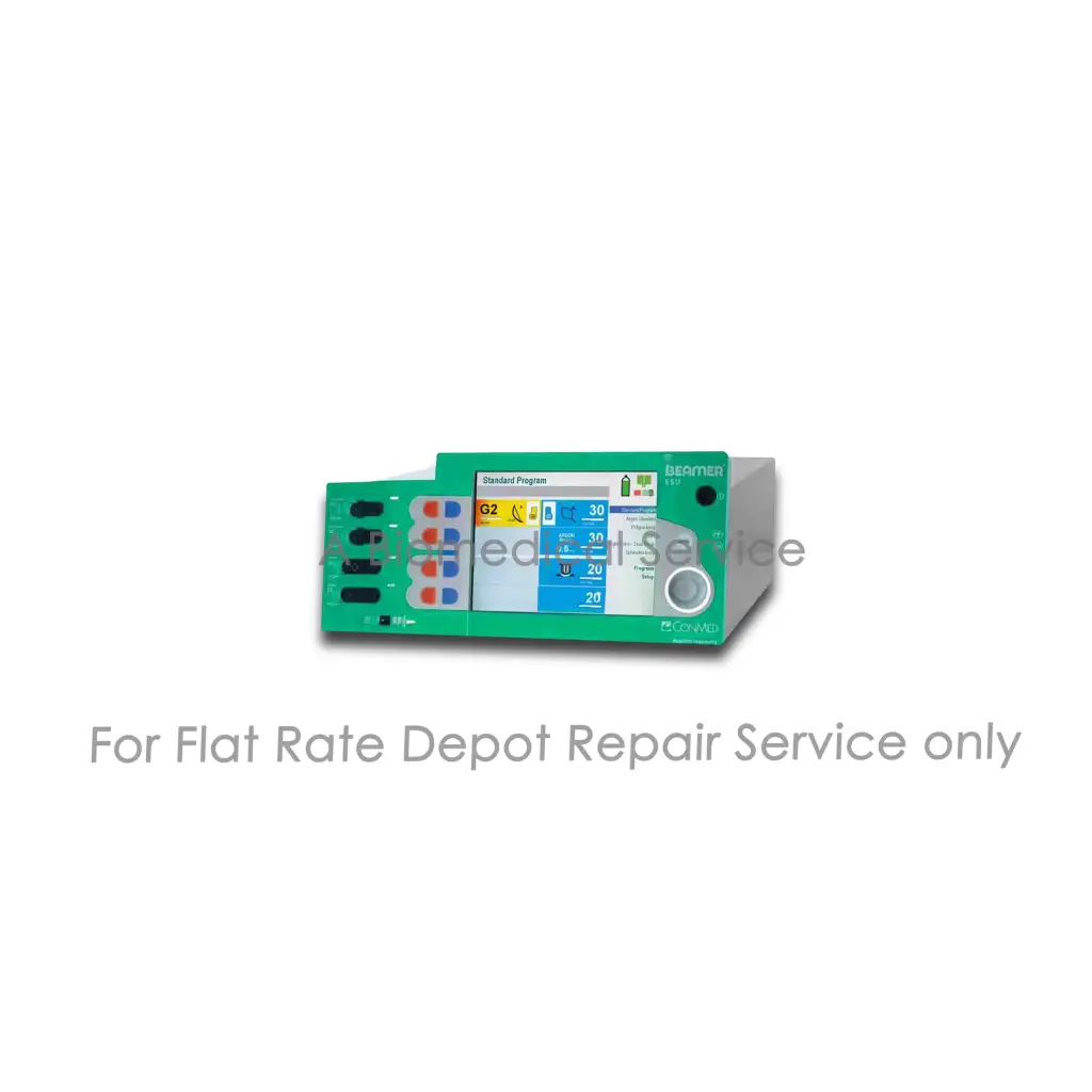 Green and white Conmed Beamer CE600 medical equipment with digital display showing patient data for repair service