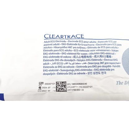 Conmed cleartrace adult button tape ecg electrodes package with multilingual labeling and blue ink product details
