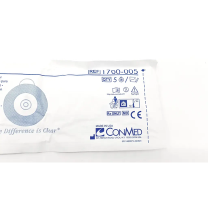 White plastic package of five sterile circular conmed cleartrace adult tape ecg electrodes with blue labeling ref 1700-005