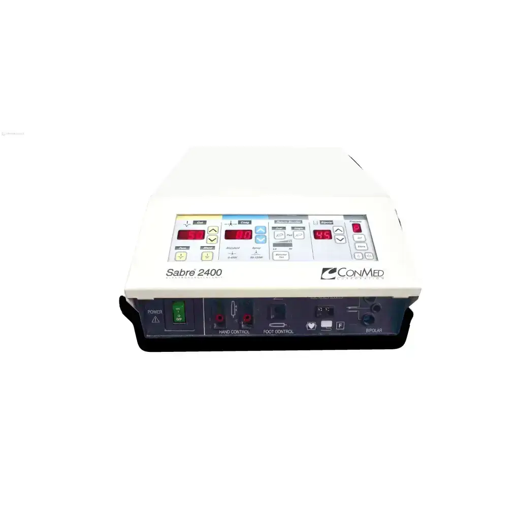 White conmed excalibur plus sabre 2400 electrosurgical unit with red digital display and multiple buttons on control panel