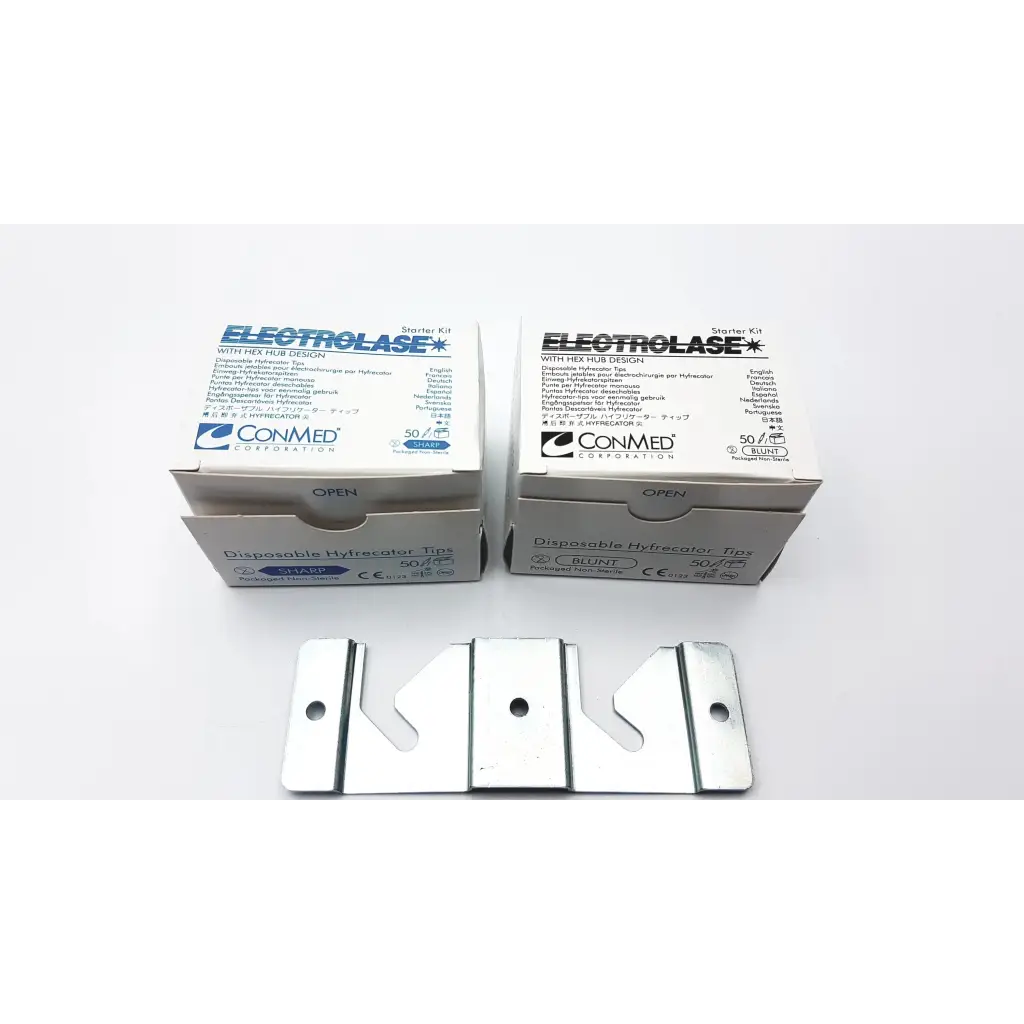 Silver metallic disposable hyfrecator tips with hex hub design in white electrolase boxes for conmed hyfrecator desiccator unit with push pencil handpiece