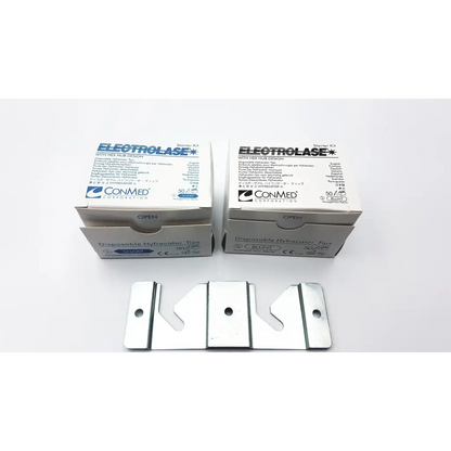 Silver metallic disposable hyfrecator tips with hex hub design in white electrolase boxes for conmed hyfrecator desiccator unit with push pencil handpiece