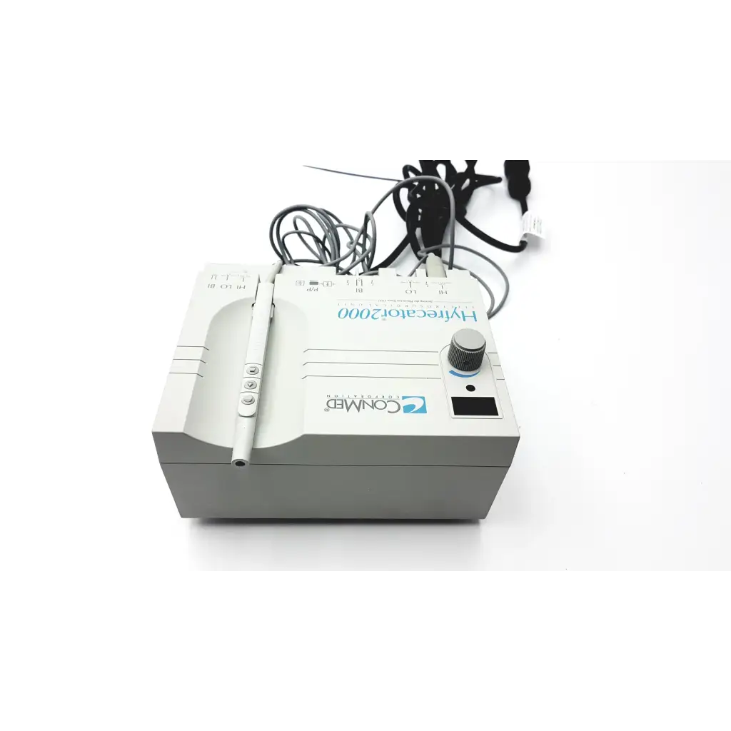 Gray conmed hyfrecator 2000 desiccator unit with control knob, push pencil handpiece, and attached disposable tips cables