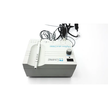 Gray conmed hyfrecator 2000 desiccator unit with control knob, push pencil handpiece, and attached disposable tips cables