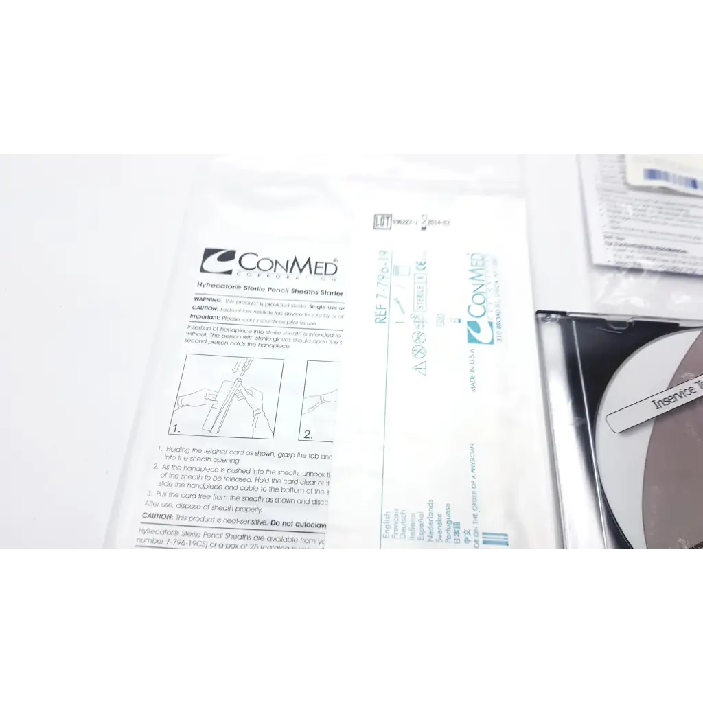 Conmed hyfrecator 2000 desiccator unit with push pencil handpiece and sterile white blue hyaluronidase pencil sheath packaging