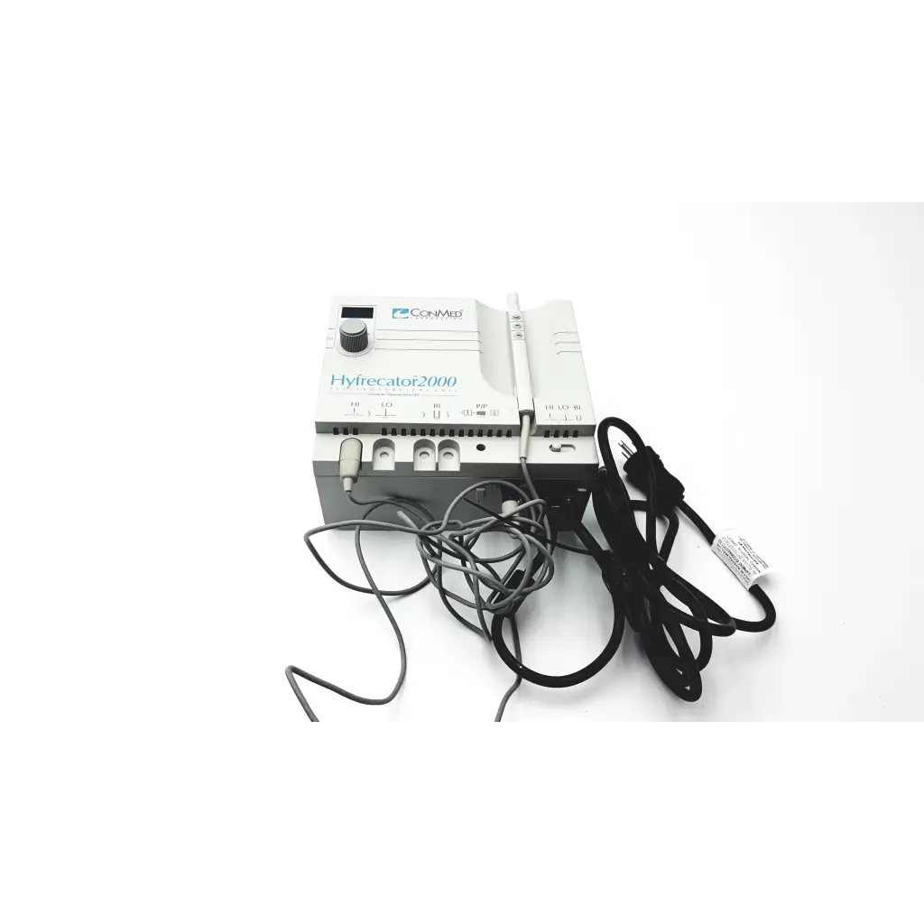 Gray conmed hyfrecator 2000 desiccator unit with push pencil handpiece and black power cord with multiple cables