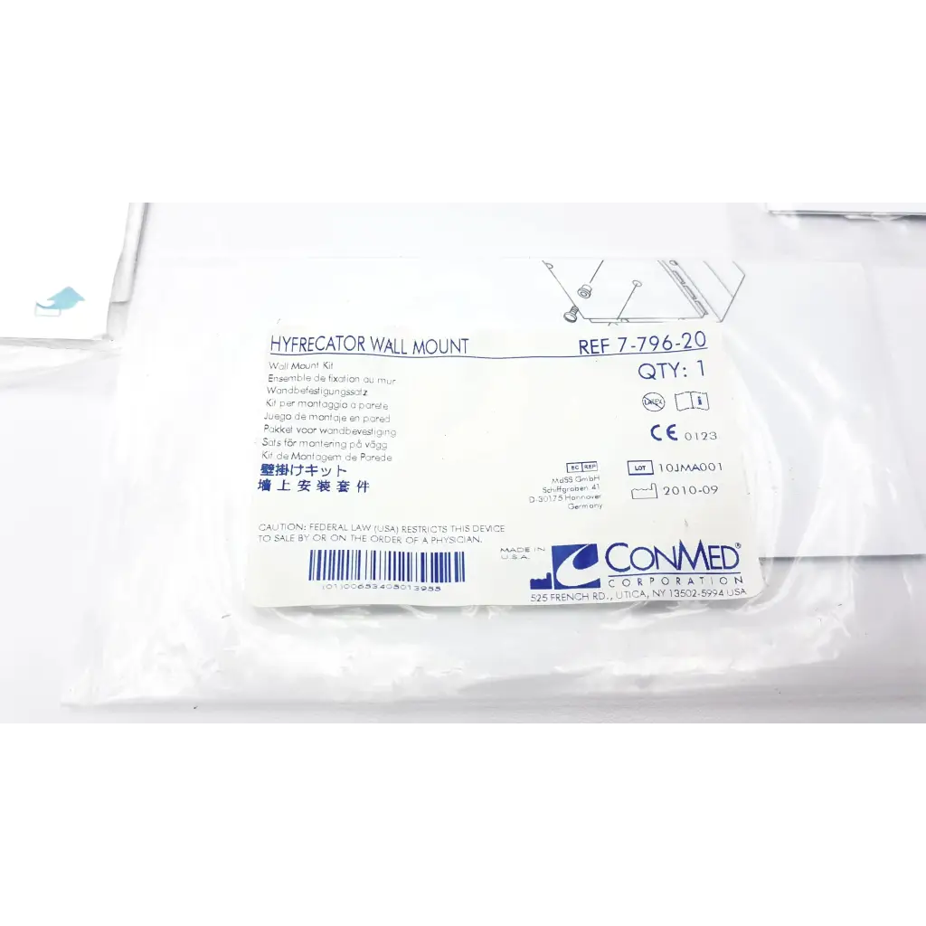 White plastic package containing conmed hyfrecator 2000 desiccator unit wall mount kit with push pencil handpiece