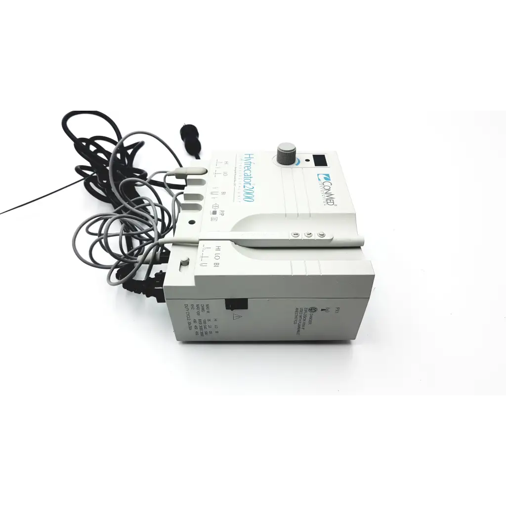 White conmed hyfrecator 2000 desiccator unit with gray knobs push pencil handpiece and disposable hyfrecator tips