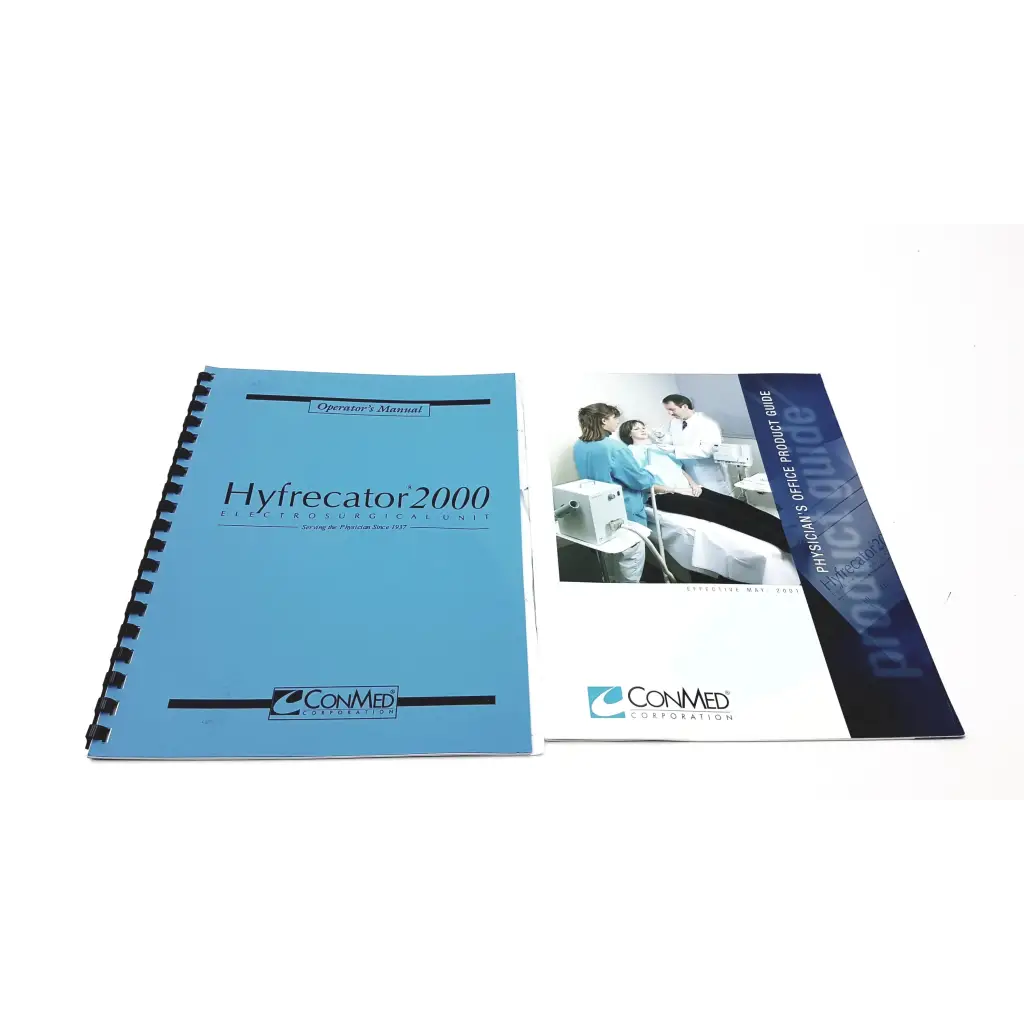 Light blue spiral-bound operator’s manual for the conmed hyfrecator 2000 desiccator unit with push pencil handpiece