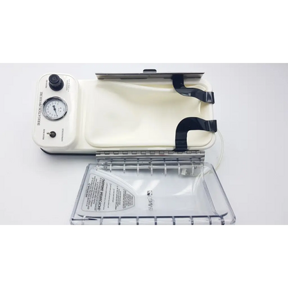 Conmed irrigation pressure system with white plastic body black knob gauge and clear acrylic tray for irrigation pressure control