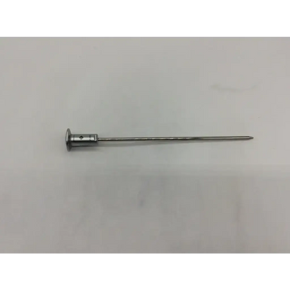 A sleek metallic conmed linvatec ql6102 quicklatch surgical needle with cylindrical handle and fine pointed tip