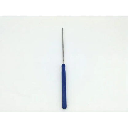 Blue-handled metal crochet hook with a slender pointed tip in conmed linvatec spectrum ii tissue repair system