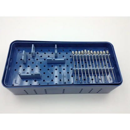 Blue plastic surgical instrument tray with metallic dental tools organized for conmed linvatec spectrum ii tissue repair system