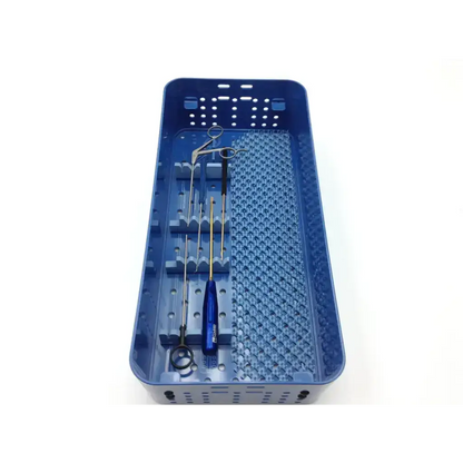 Blue plastic surgical instrument tray with metal tools for conmed linvatec spectrum ii tissue repair system