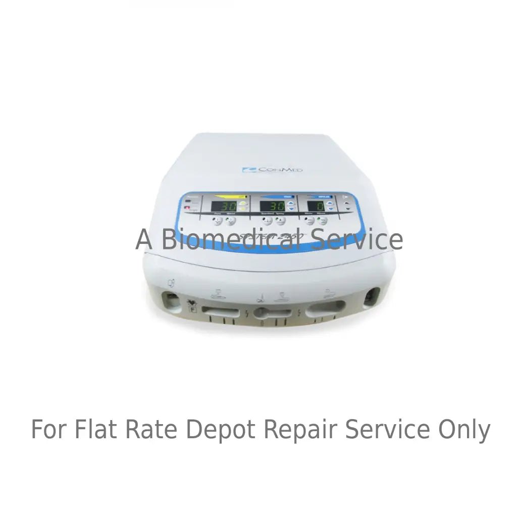 White and blue conmed system 2450 medical device with digital display and control buttons for flat rate repair service