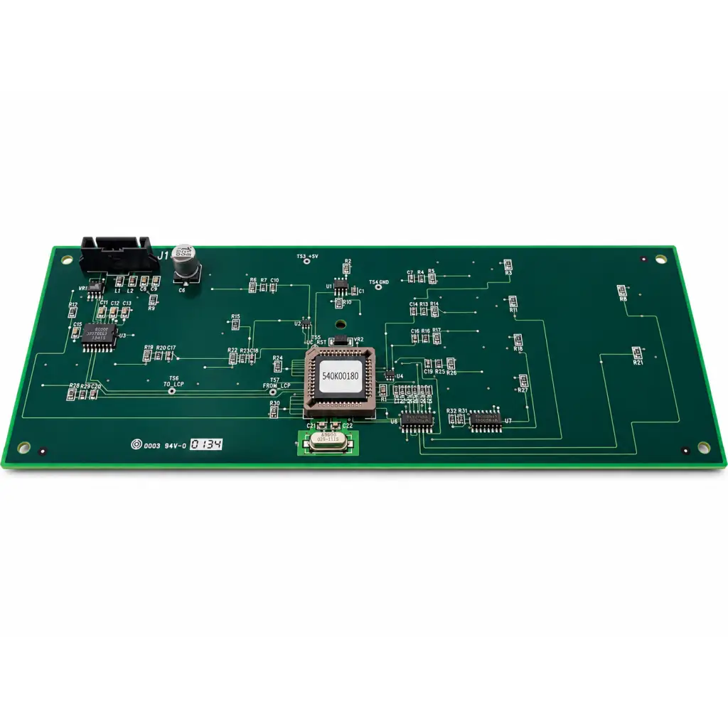 Green control interface circuit board pcb 140e51030 rev a with central brown s4qk0180 microchip and electronic components