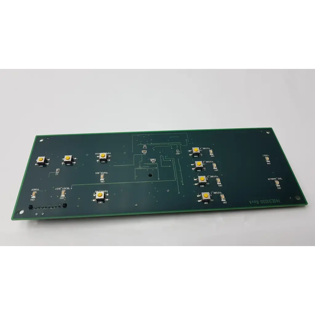 Green rectangular control interface circuit board pcb with yellow leds and silver solder points featuring 540k00180 chip