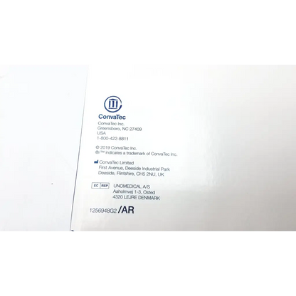 White paper label with black printed text and convatec logo on convatec esteem drainable pouch 416721 back side