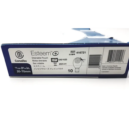 Blue and white cardboard box for convatec esteem drainable pouch 416721 featuring a drainable ostomy pouch design