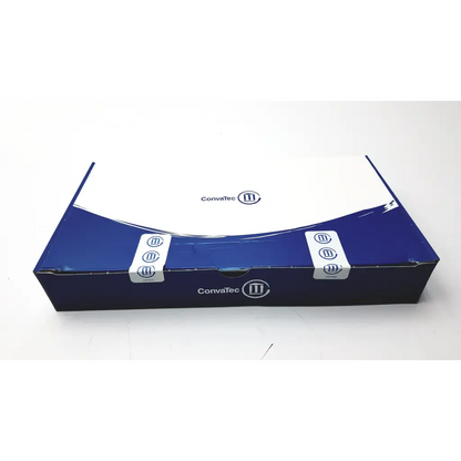 Blue and white ConvaTec Esteem drainable pouch box with curved design for ostomy care pouch product 416721