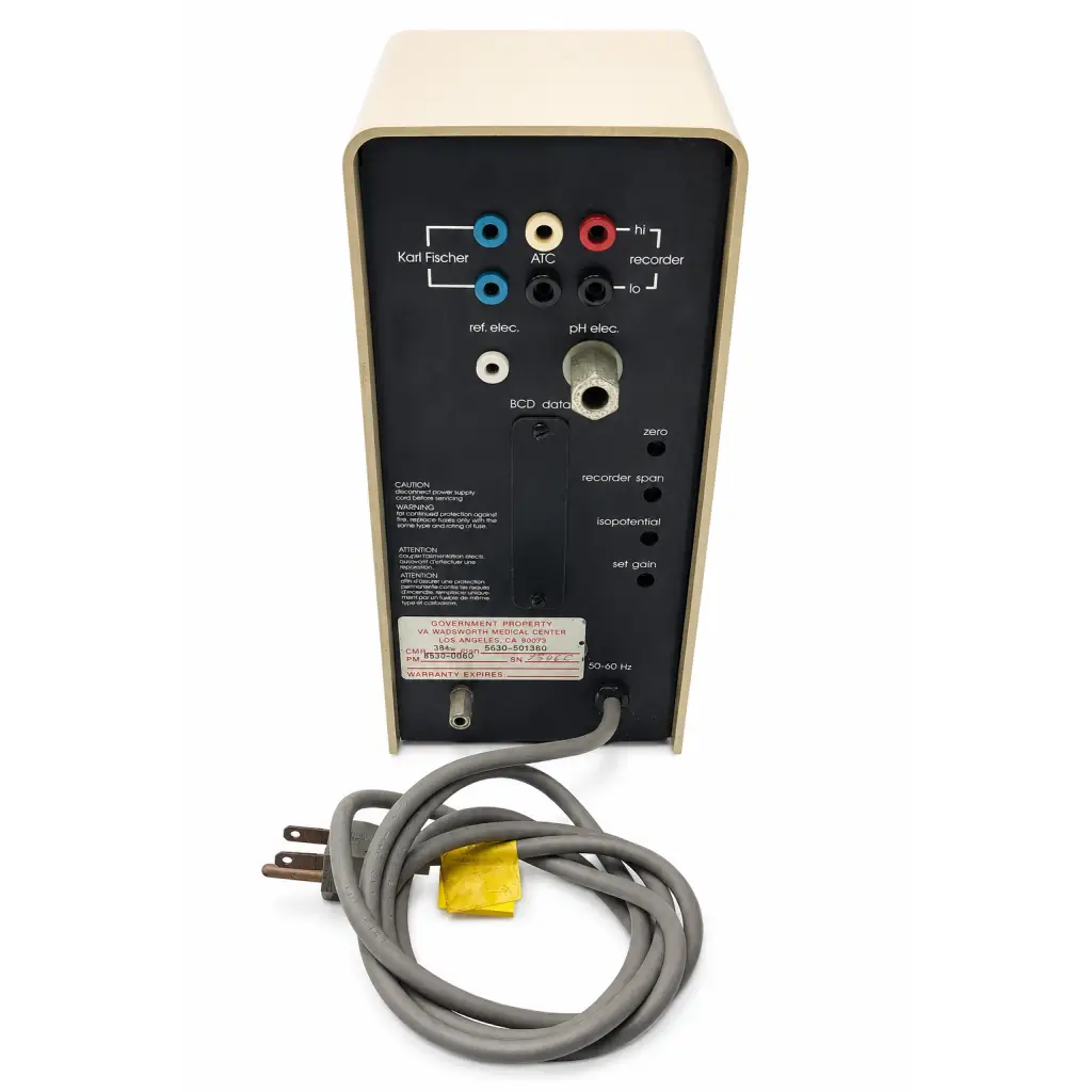 Beige and black karl fischer moisture analyzer with labeled ports and coiled gray power cord for corning science biomed certified benchtop meter