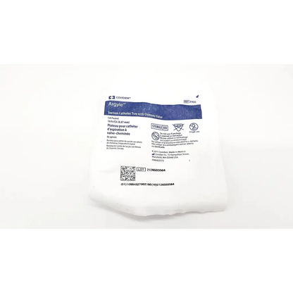 White sterile covidien argyle suction catheter tray with chimney valve in sealed pouch labeled argyle by conmed