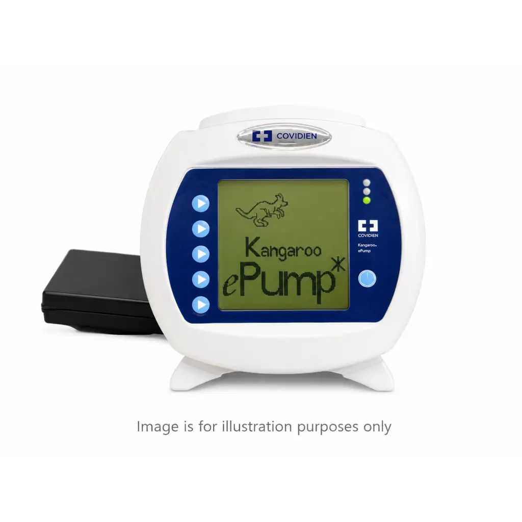 White plastic covidien enteral feeding pump with blue screen showing brand name and circular navigation buttons