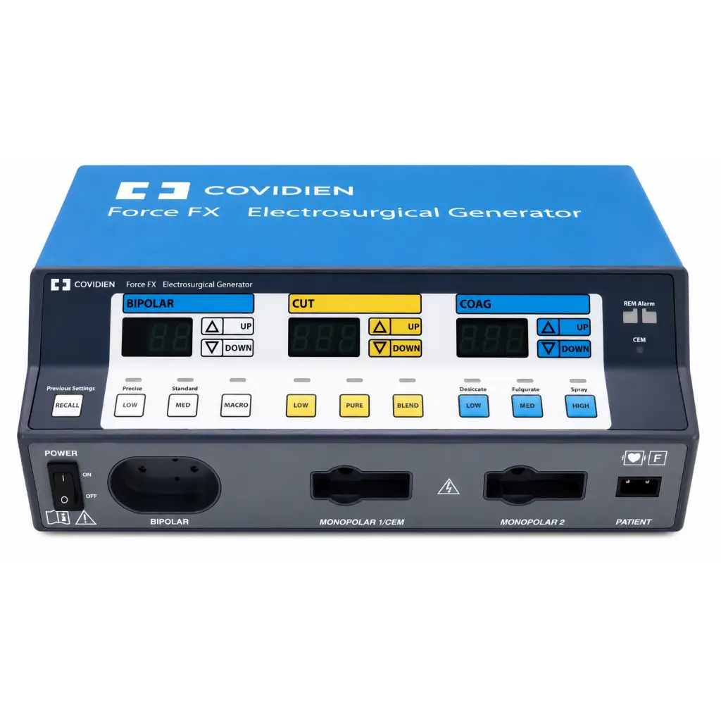Blue and black covidien force fx-c electrosurgical generator with digital display and yellow blue white buttons on mobile cart