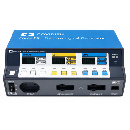 Blue and black covidien force fx-c electrosurgical generator with digital display and yellow blue white buttons on mobile cart