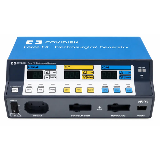 Blue and black covidien force fx-c electrosurgical generator with digital display and yellow blue white buttons on mobile cart