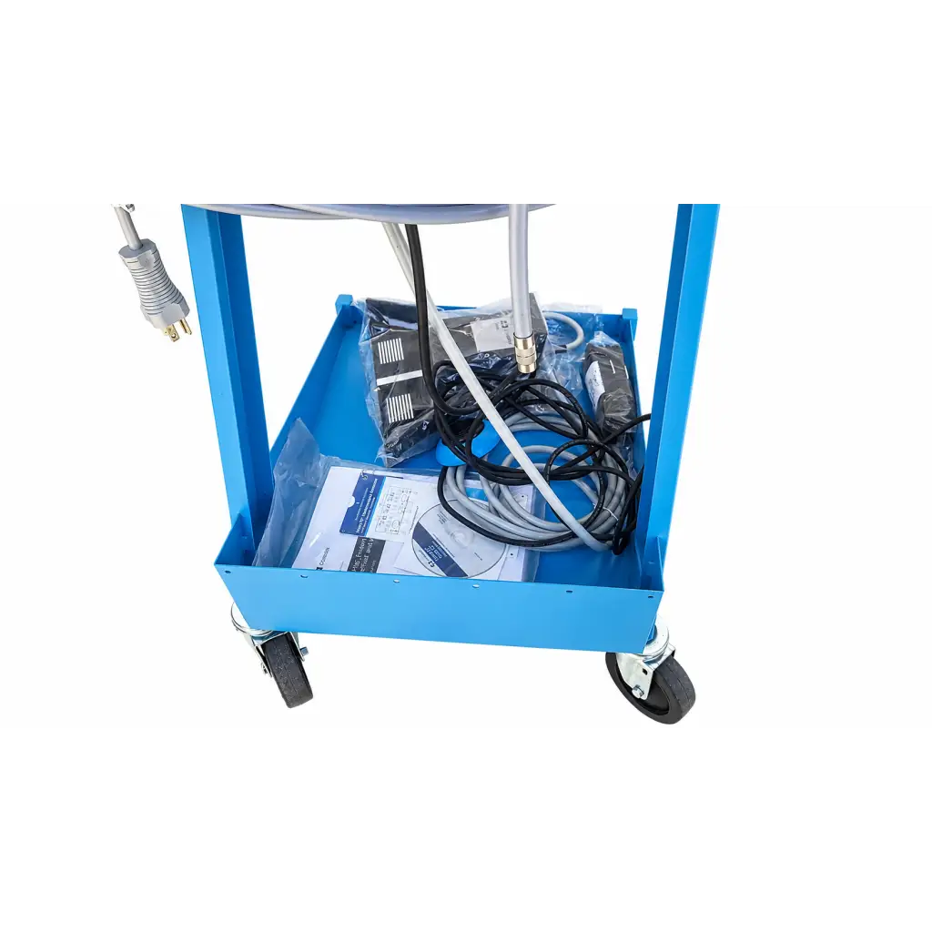 Blue metal utility cart with black wheels holding covidien force fx-c electrosurgical generator cables tools and manuals