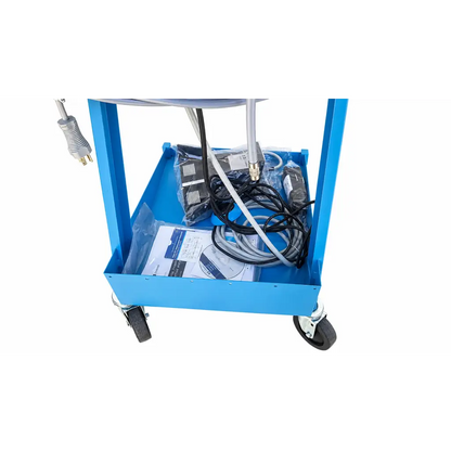 Blue metal utility cart with black wheels holding covidien force fx-c electrosurgical generator cables tools and manuals